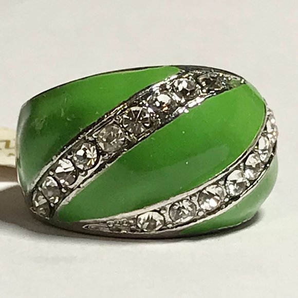 Vintage Green Enamel Cocktail Ring Silver Plated Crystal Rhinestone Size 7 Boho - Picture 6 of 12